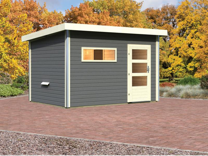 Karibu Saunahaus Skrollan 3 in terragrau 38 mm- ohne Ofen- moderne Tür