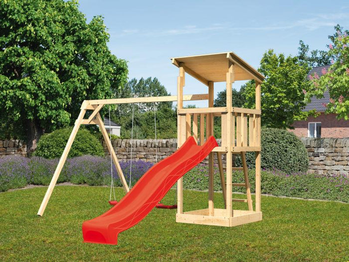 Karibu Spielturm Anna + Rutsche rot + Doppelschaukel