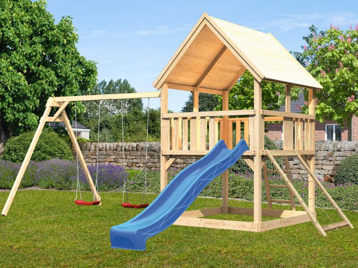Karibu Spielturm Luis Satteldach + Rutsche blau + Doppelschaukel + Netzrampe