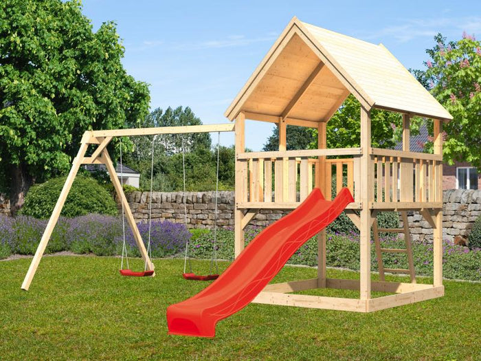Karibu Spielturm Luis Satteldach + Rutsche rot + Doppelschaukel