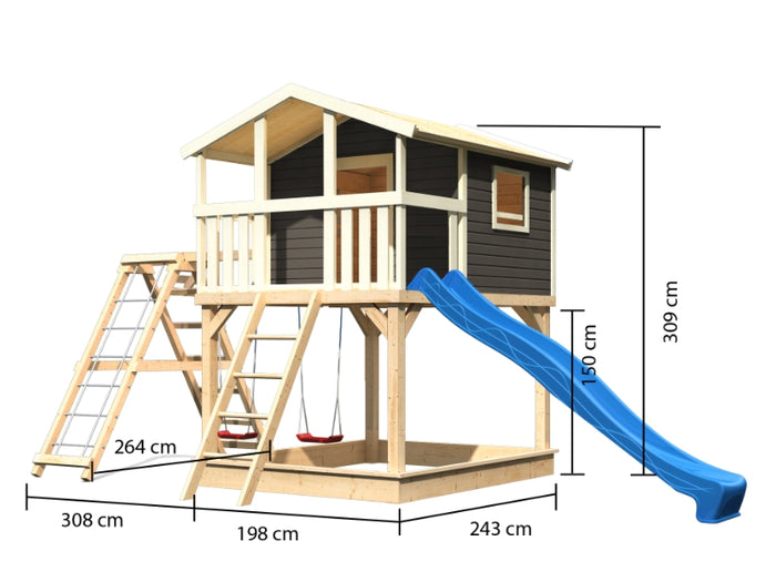 Karibu Stelzenhaus Benjamin grau mit Rutsche in blau und Doppelschaukelanbau mit Klettergerüst und N