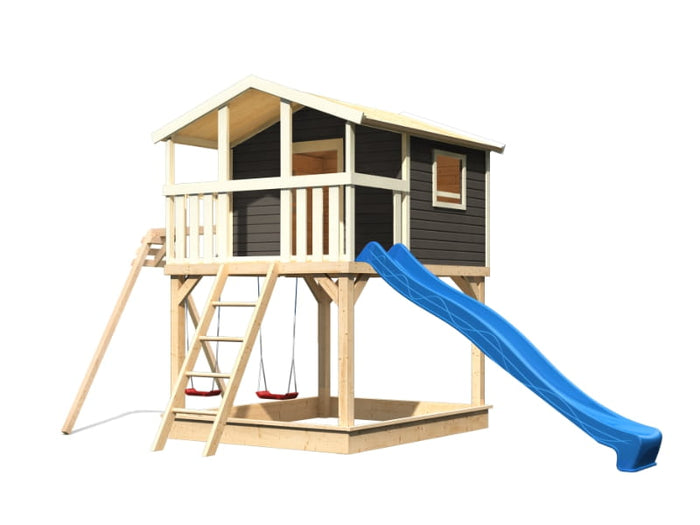 Karibu Stelzenhaus Benjamin in grau mit Rutsche in blau und Doppelschaukelanbau