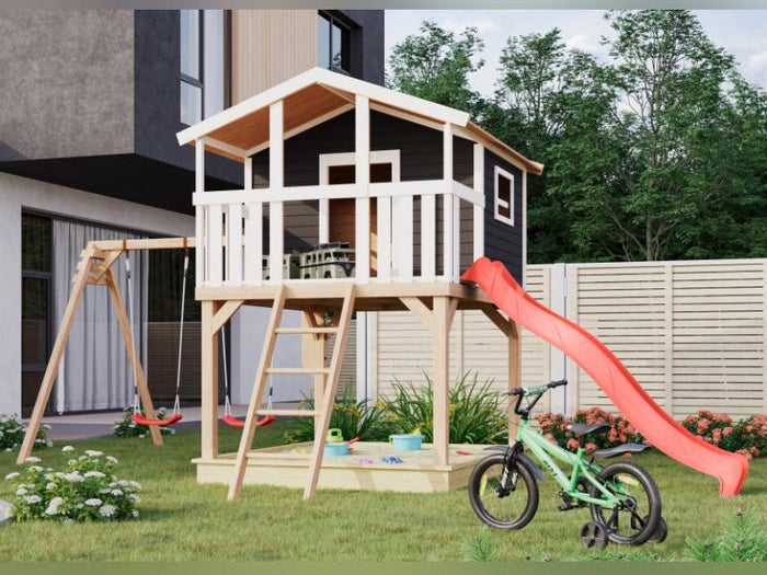Karibu Stelzenhaus Benjamin in grau mit Rutsche in rot und Doppelschaukelanbau