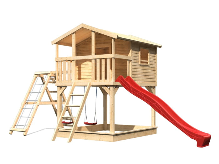 Karibu Stelzenhaus Benjamin natur mit Rutsche in rot und Doppelschaukelanbau mit Klettergerüst und N
