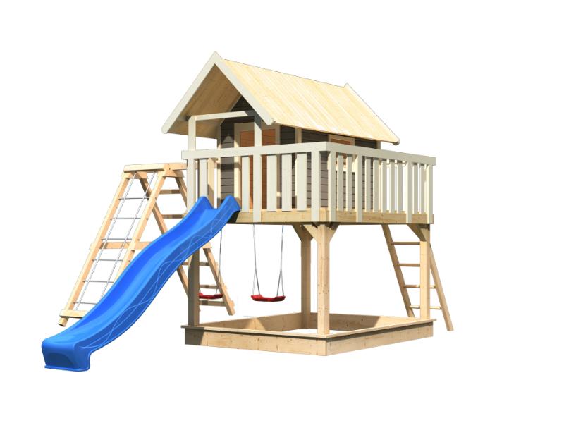 Karibu Stelzenhaus Fidel grau + Rutsche blau + Doppelschaukelanbau + Klettergerüst und Netzrampe