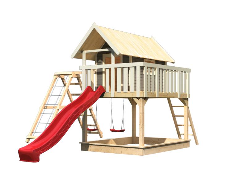 Karibu Stelzenhaus Fidel grau + Rutsche rot + Doppelschaukelanbau + Klettergerüst und Netzrampe
