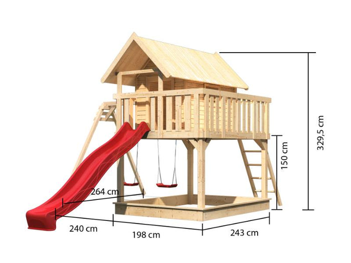 Karibu Stelzenhaus Fidel naturbelassen + Rutsche rot + Doppelschaukelanbau