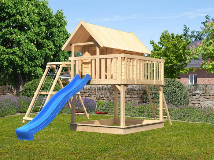 Karibu Stelzenhaus Fidel naturbelassen + Rutsche blau + Doppelschaukelanbau + Klettergerüst und Netz