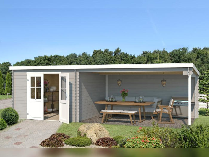 Lasita Blockbohlenhaus St Louis lichtgrau mit Anbau 28 mm