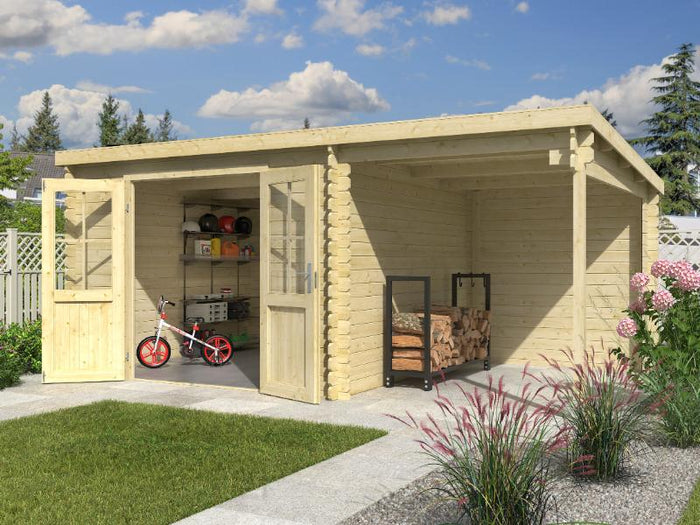 Lasita Blockbohlenhaus Tampa mit Anbau natur 28 mm natur