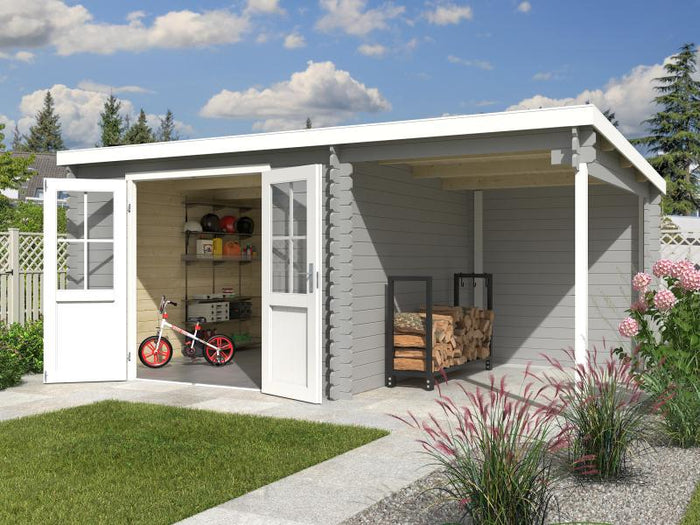 Lasita Blockbohlenhaus Tampa mit Anbau lichtgrau 28 mm