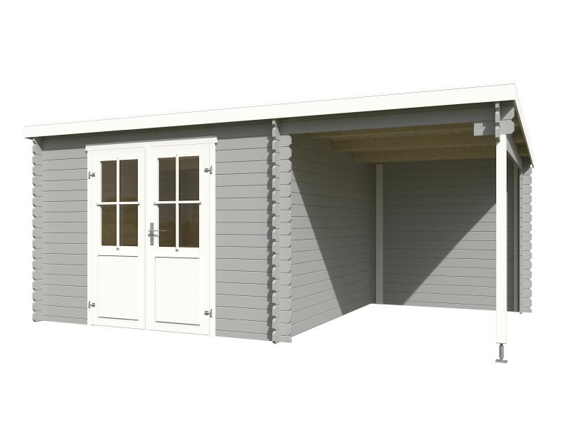 Lasita Blockbohlenhaus Tampa mit Anbau lichtgrau 28 mm