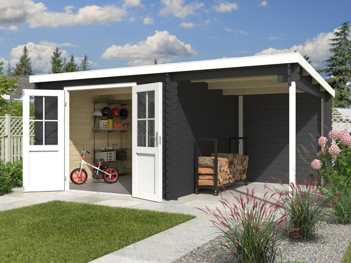 Lasita Blockbohlenhaus Tampa mit Anbau carbongrau 28 mm