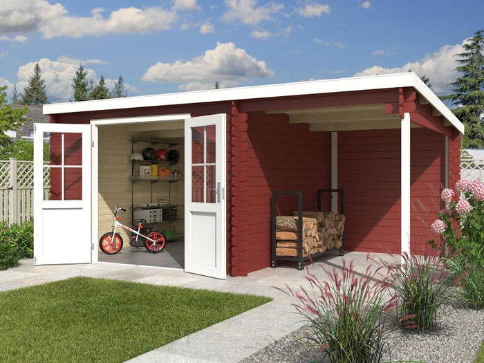 Lasita Blockbohlenhaus Tampa mit Anbau schwedenrot 28 mm