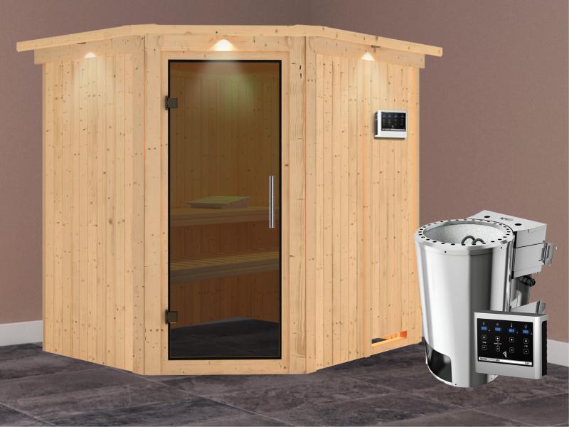 Lilja - Karibu Sauna Plug & Play 3,6 kW Bio Ofen, ext. Steuerung - mit Dachkranz - Moderne Saunatür