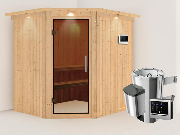 Lilja - Karibu Sauna Plug & Play 3,6 kW Ofen, ext. Steuerung - mit Dachkranz - Moderne Saunatür