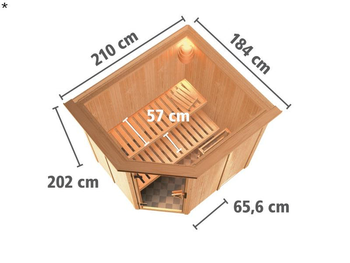 Lilja - Karibu Sauna Plug & Play 3,6 kW Ofen, ext. Steuerung - mit Dachkranz - Moderne Saunatür