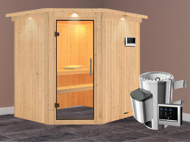 Lilja - Karibu Sauna Plug & Play 3,6 kW Ofen, ext. Steuerung - mit Dachkranz - Klarglas Ganzglastür