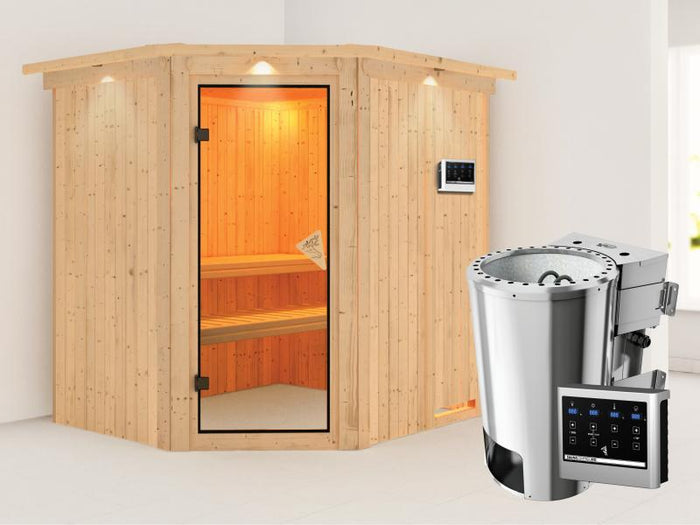 Lilja - Karibu Sauna Plug & Play inkl. 3,6 kW-Bioofen - mit Dachkranz -
