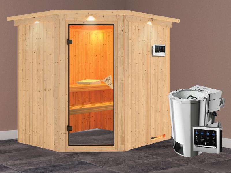 Lilja - Karibu Sauna Plug & Play inkl. 3,6 kW-Bioofen - mit Dachkranz -