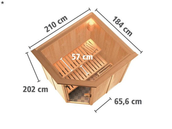 Lilja - Karibu Sauna Plug & Play inkl. 3,6 kW-Bioofen - mit Dachkranz -