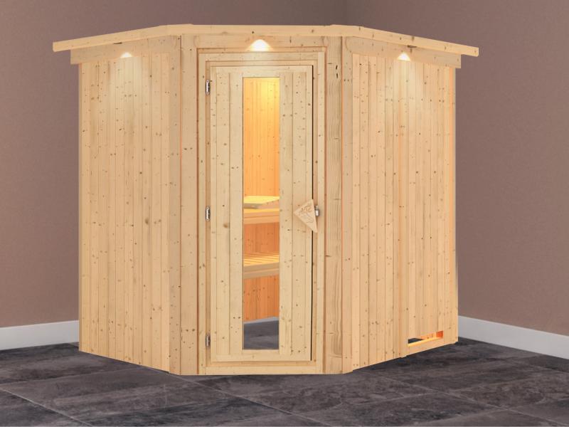 Lilja - Karibu Sauna Plug & Play ohne Ofen - mit Dachkranz - Energiespartür
