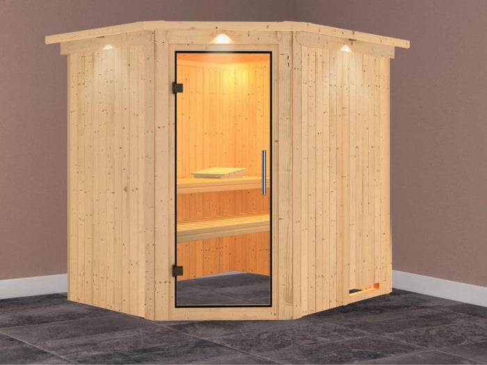 Lilja - Karibu Sauna Plug & Play ohne Ofen - mit Dachkranz - Klarglas Ganzglastür