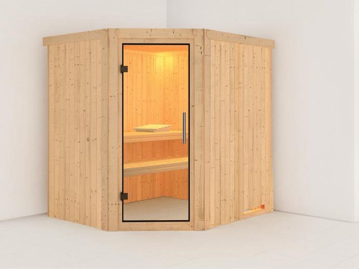 Lilja - Karibu Sauna Plug & Play ohne Ofen - ohne Dachkranz - Klarglas Ganzglastür