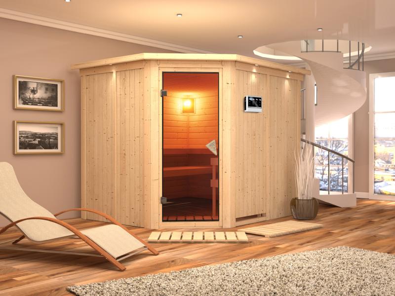 Malin - Karibu Sauna inkl. 9-kW-Bioofen - mit Dachkranz -