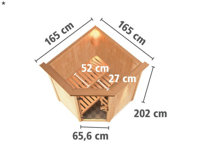 Nanja - Karibu Sauna Plug & Play 3,6 kW Bio Ofen, ext. Steuerung - mit Dachkranz - Klarglas Ganzglas