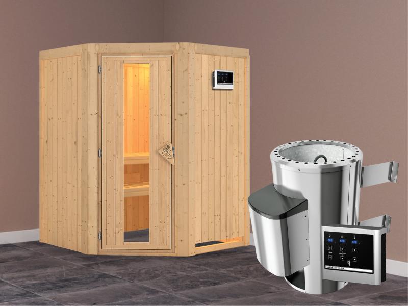 Nanja - Karibu Sauna Plug & Play 3,6 kW Ofen, ext. Steuerung - ohne Dachkranz - Energiespartür