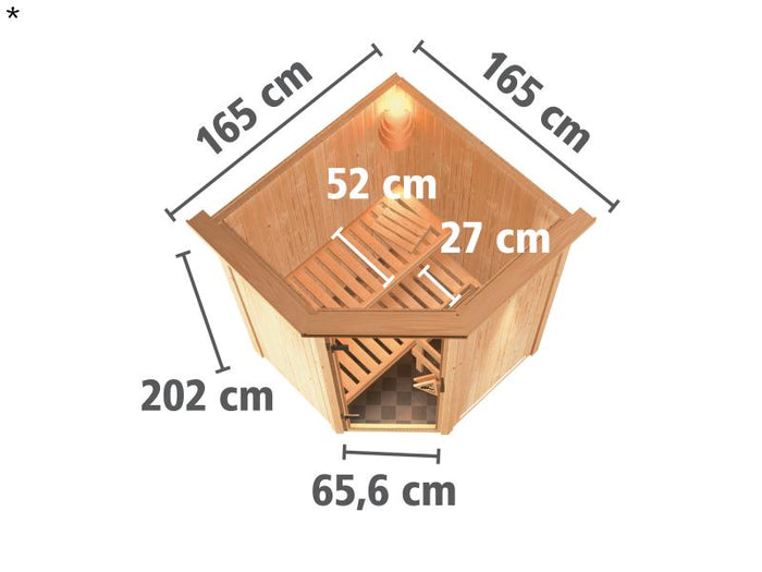 Nanja - Karibu Sauna Plug & Play ohne Ofen - mit Dachkranz -