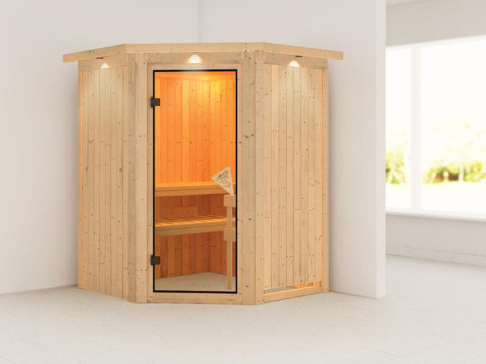 Nanja - Karibu Sauna Plug & Play ohne Ofen - mit Dachkranz -
