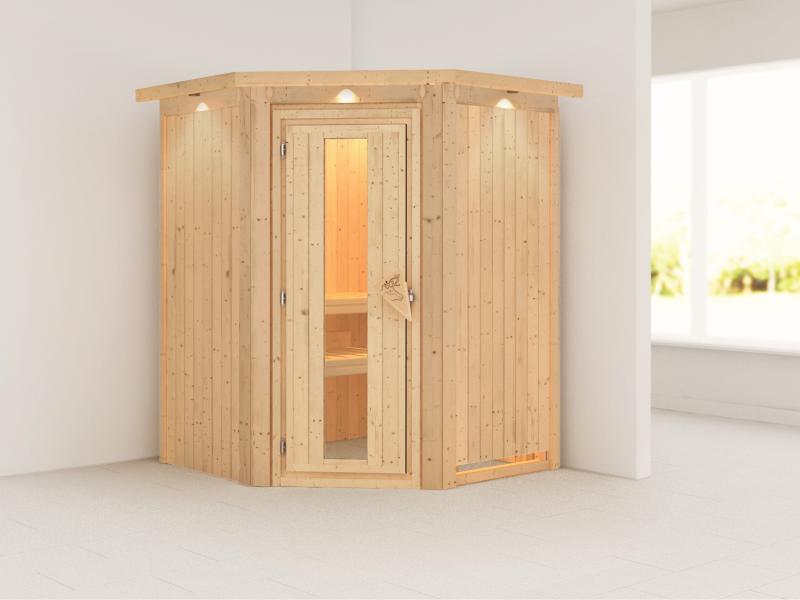 Nanja - Karibu Sauna Plug & Play ohne Ofen - mit Dachkranz - Energiespartür