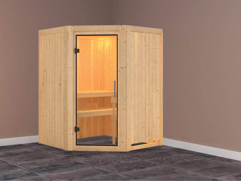 Nanja - Karibu Sauna Plug & Play ohne Ofen - ohne Dachkranz - Klarglas Ganzglastür