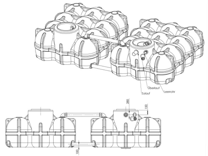 Nautilus Flachtank-Zisterne Hudson DUO 10.000 Liter mit Pumpensumpf, 1 Behälter mit Korbfilter & Sip