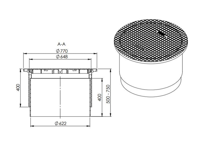 Nautilus Teleskopdom 35kn bis 3,5t befahrbar inkl. Abdeckung, höhenverstellbar 770 x 500 mm