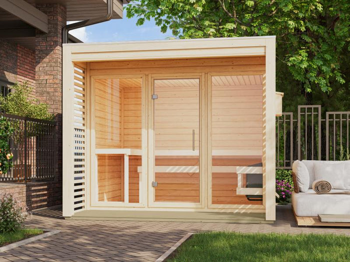 Osb samrt choice Saunahaus Patio 3, 38 mm naturbelassen -inkl. 9 kW Ofen ext. Steuerung- inkl. Dache