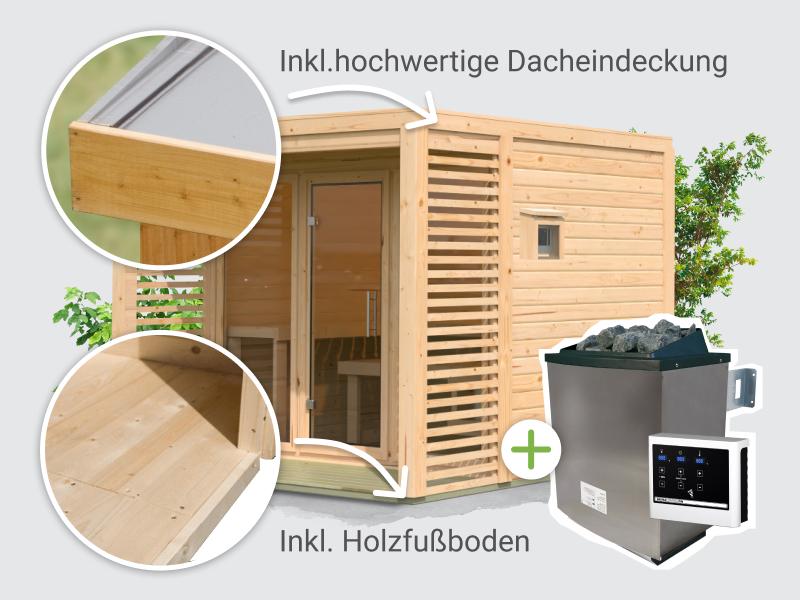 Osb samrt choice Saunahaus Patio 3, 38 mm naturbelassen -inkl. 9 kW Ofen ext. Steuerung- inkl. Dache
