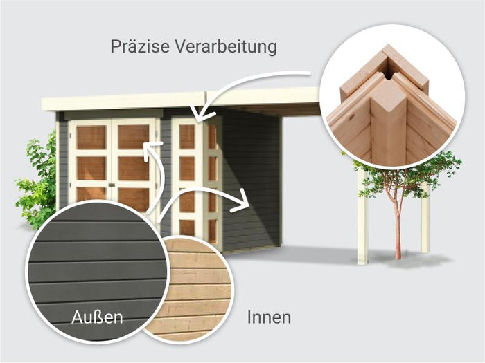 Osb smart choice Gartenhaus Kerken 3 terragrau inkl. Fußboden und Anbaudach 2,40 m