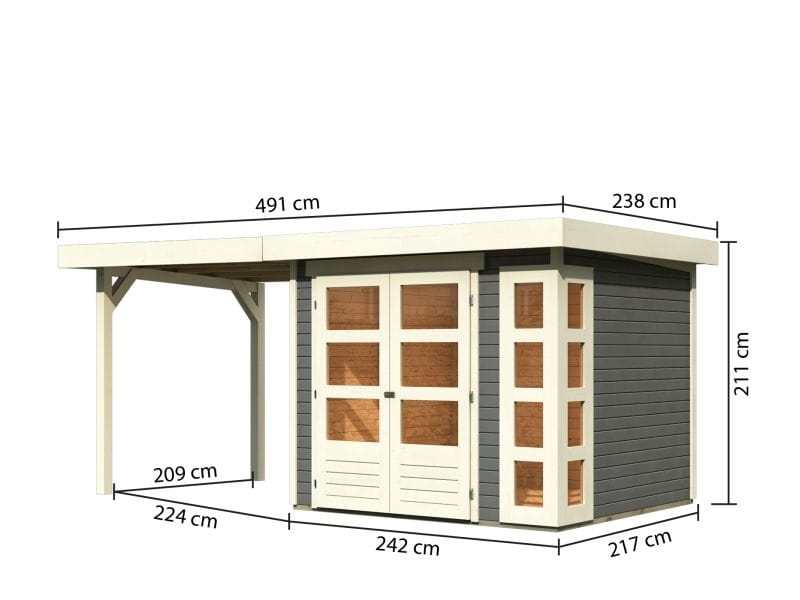 Osb smart choice Gartenhaus Kerken 3 terragrau inkl. Fußboden und Anbaudach 2,40 m