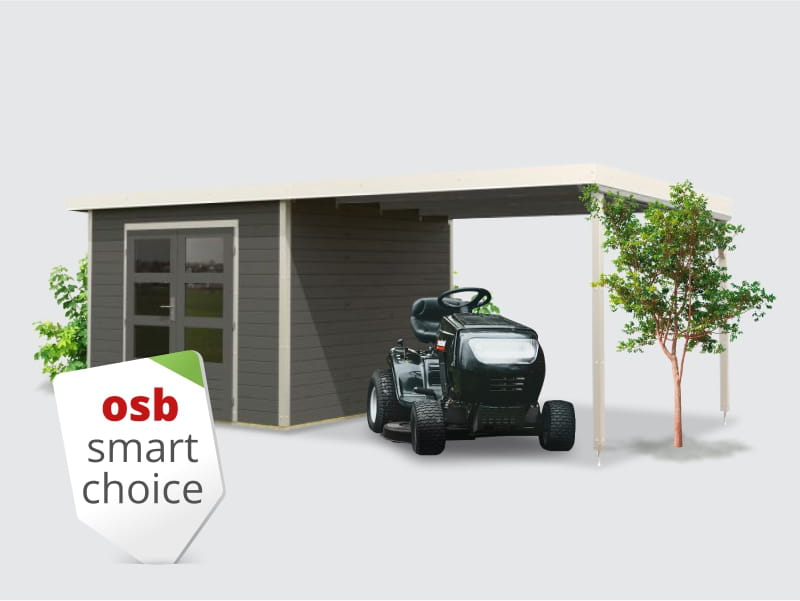 Osb smart choice Hybrid Gartenhaus Woodtallic B, terragrau/weiß im Set mit Fußboden, inkl. 3 m Anbau