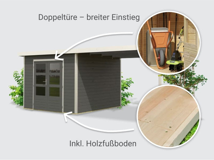 Osb smart choice Hybrid Gartenhaus Woodtallic B, terragrau/weiß im Set mit Fußboden, inkl. 3 m Anbau