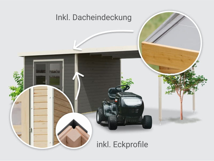 Osb smart choice Hybrid Gartenhaus Woodtallic B, terragrau/weiß im Set mit Fußboden, inkl. 3 m Anbau