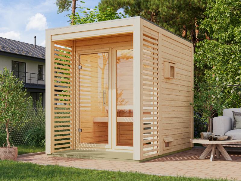 Osb smart choice Saunahaus Patio 1, 38 mm naturbelassen -inkl. 9 kW Ofen ext. Steuerung- inkl. Dache