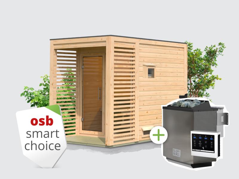 Osb smart choice Saunahaus Patio 1, 38 mm naturbelassen -inkl. 9 kW Bioofen ext. Steuerung- inkl. Da