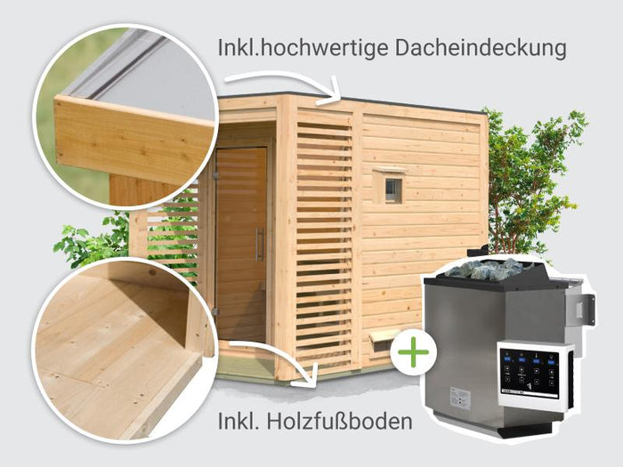 Osb smart choice Saunahaus Patio 1, 38 mm naturbelassen -inkl. 9 kW Bioofen ext. Steuerung- inkl. Da