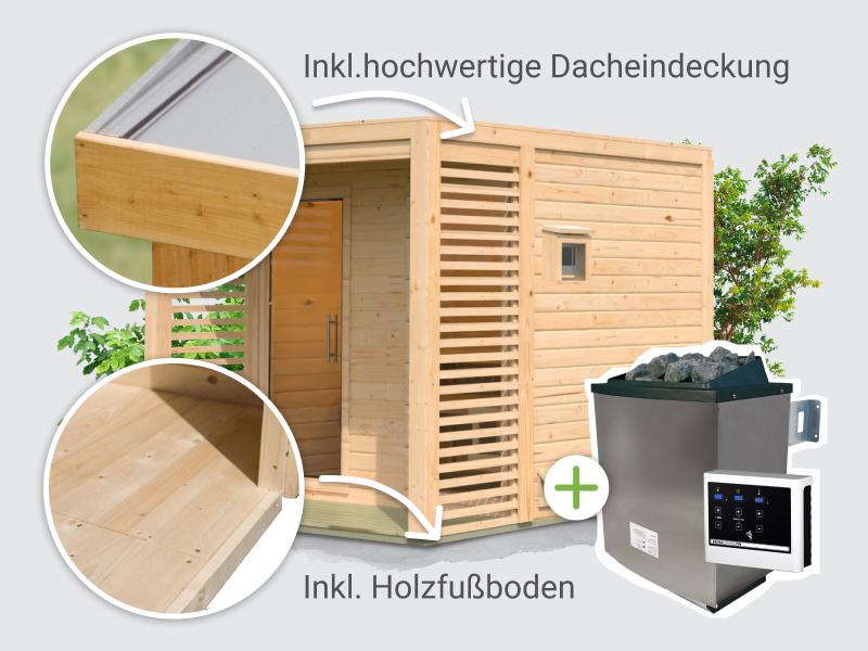 Osb smart choice Saunahaus Patio 2, 38 mm naturbelassen -inkl. 9 kW Ofen ext. Steuerung-, inkl. Dach