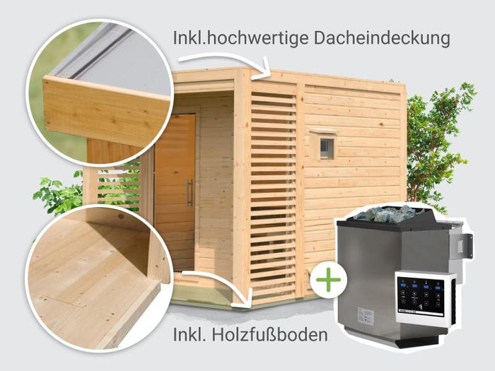 Osb smart choice Saunahaus Patio 2, 38 mm naturbelassen -inkl. 9 kW Bioofen ext. Steuerung-, inkl. D