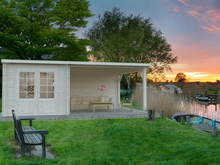 Palmako Blockbohlenhaus Ella 6,9 + 10,0 mit Anbaudach und Rückwand 28 mm natur